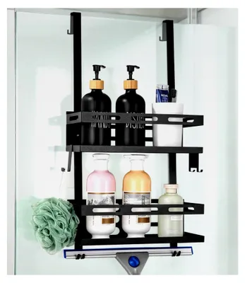 Produktbild von Duschablage zum Hängen ohne Bohren, Duschregal für rahmenlose Glastüren/Duschwände, schwarzes 2-schichtiges Badezimmer-Organizer mit 2 Duschkörben und Glaswischerhalterung