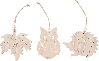 Produktbild von VBS Holz-Anhänger "Igel Eule und Ahornblatt", 3-er Set