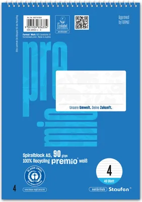 Immagine prodotto di STAUFEN PREMIO 040741004 Blocco note a spirale LIN 4 - A5, 40 fogli, rigatura 9 mm, 90 g/m2