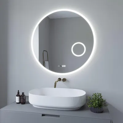 Produktbild von runder LED-Badezimmerspiegel 80 cm Badezimmerspiegel mit LED-Beleuchtung, runder Wandspiegel | Kaltweiß 6400K, beschlagfrei, dimmbarer Touch-Schalter, Digitaluhr, 3-fache Lupe