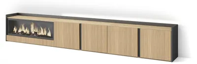 Produktbild von TV-Schrank, Lowboard, 315x35x50cm, Für TV-Geräte bis zu 80", Elektrokamin XXL, Led, Eiche Schwarz