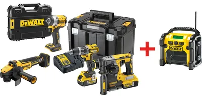 Produktbild von Dewalt Akku-Set Metall 18 V, Akku-Werkzeugset/Powerpaket mit Schlagbohrschrauber, Kombihammer, Winkelschleifer, Schlagschrauber, 2x 5,0 Ah, T-STAK