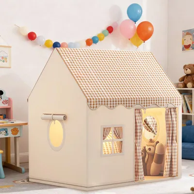 Produktbild von Kinderspielhaus Kinderzelt, für 3-4 Kinder Spielhaus, mit Fenstern, graubeige