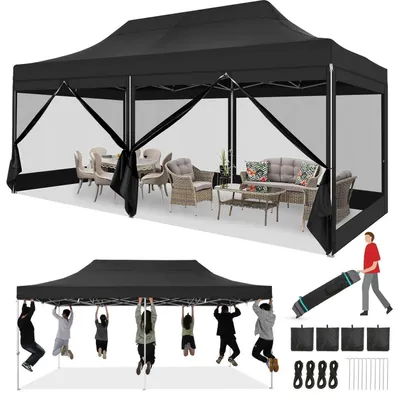 Image de Pavillon de jardin 3x6 mètres, imperméable, stable, avec 6 parois, tissu Oxford 420D, couleur noire