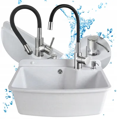 Produktbild von Weißes Haushalts-Set: Spülbecken, flexible Armatur, Flüssigkeitsspender