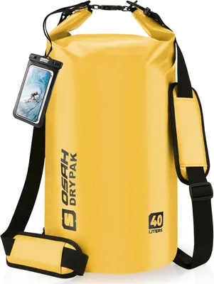 Image de Sac étanche de 40 litres, de couleur jaune, avec bandoulière et poche pour téléphone, idéal pour la pratique du kayak