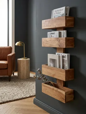 Produktbild von Zeitungsständer MUMBAI Massivholz Akazie 2 Ablagefächer Zeitschriften-Ständer Design Prospekt-Halter Landhausstil