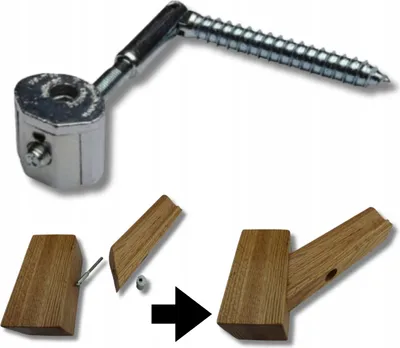A collage showing a metal handrail connector and a step-by-step illustration of how two wooden pieces connect using a dowel.