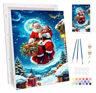 Zdjęcie produktu dla Zestaw do malowania po numerach dla dorosłych z ramą, przedstawiający Świętego Mikołaja i renifera, na płótnie, format 20x30 cm
