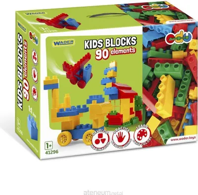 The image shows the packaging of a Wader Kids Blocks set, displaying the product name, number of elements, and an illustration of the blocks assembled into a toy.