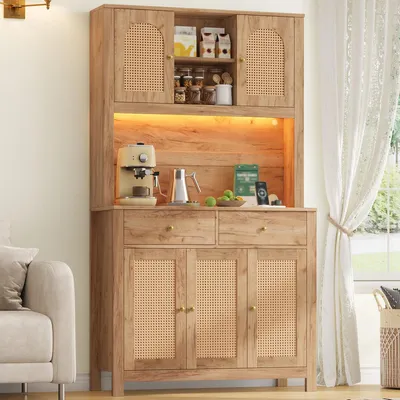 Obrázok produktu pre Kúpeľňová skrinka s LED osvetlením a zásuvkami, komoda s 5 ratanových dvierok a 2 zásuvkami, rozmer 100x40x180 cm