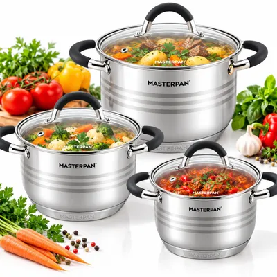 Productafbeelding van Masterpan Keukenaccessoireset | 6-delige inductiekookset | 16cm/18cm/20cm | Roestvrij staal | Glazen deksels (gehard) | Comfortabele handgrepen | MP5006