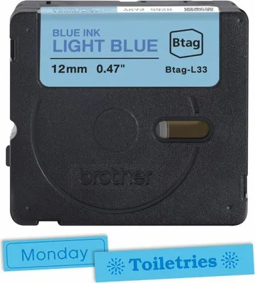 Produktbild von Brother BTAG-L33, Blau auf hellblau, Philippinen, 5 Jahr(e), Brother, P-touch PT-N10, PT-N20, PT-N25BT, 1,2 cm