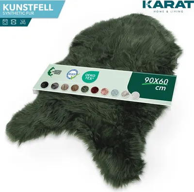 A dark green faux fur rug is displayed on a white background, with a product information tag attached.