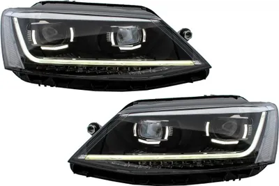 Productafbeelding van LED-koplampen met dagrijverlichting voor VW Jetta Mk6 VI (modeljaren 2011-2017), met een dynamische xenon-matrixlook.