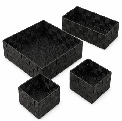 Produktbild von 4er Set Silkkorb Schwarz Aufbewahrungskorb geflochtene Körbe aus Polypropylen mit Metallrahmen Badkorb, Regalkorb, Dekokorb, Ordnungskorb