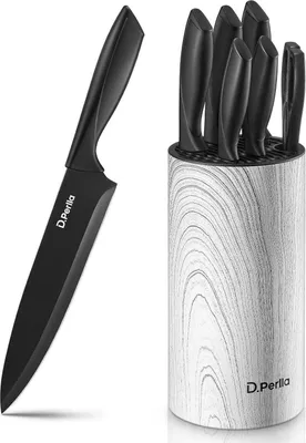 Image de 7 pcs Bloc de couteaux avec couteaux Acier inoxydable Noir Set de couteaux de cuisine Amovible facile à nettoyer Aiguisage des couteaux avec bloc de couteaux vertical ergonomique