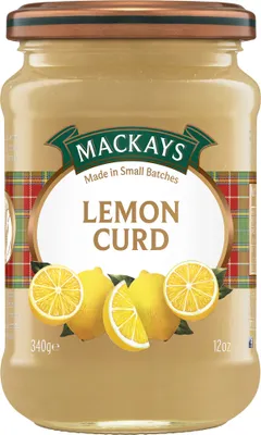 A jar of Mackays Lemon Curd with lemons on the label.
