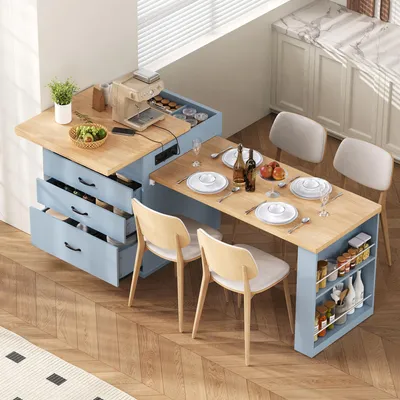 Produktbild von STILVORA Kücheninsel mit Rollen und ausziehbarem Esstisch, Küchentisch mit LED-Beleuchtung und Steckdosenleisten, Sideboard und Bartisch für Küche und Esszimmer, Blau