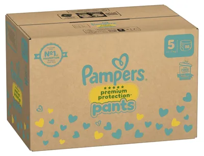 Image de Pampers Premium Protection, couches-culottes, taille 5, 88 couches, pour les enfants de 12 à 17 kg, avec une protection à 360° et des matériaux ultra-doux pour un confort et une protection optimaux. Offre spéciale : 10 lingettes Harmonie Aqua offertes