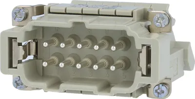 Produktbild von HARTING Han 10E Anschlussverteiler Stifteinsatz (M) ""links"" Schraubanschluss, 10-polig+PE 500V, 16A - 1 Stück