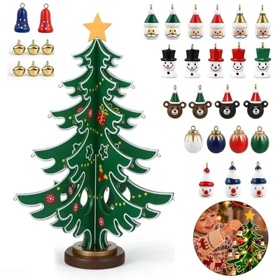 Produktbild von Adventskalender 2026, Weihnachtsbaum zum Selbstschmücken mit 30 Ornamenten, 24 Türchen, Glöckchen und LED-Lichterkette