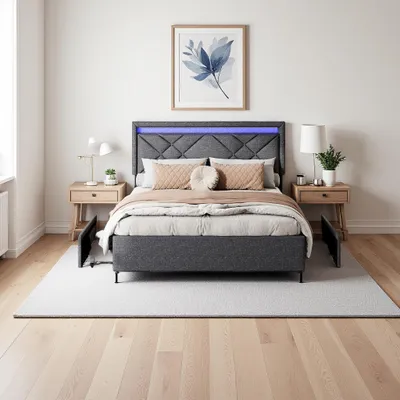 Obrázek produktu pro Manželská postel 160x200 cm v tmavě šedém povlečení s LED, USB a Type-C, moderním čelem a 4 kovovými úložnými zásuvkami