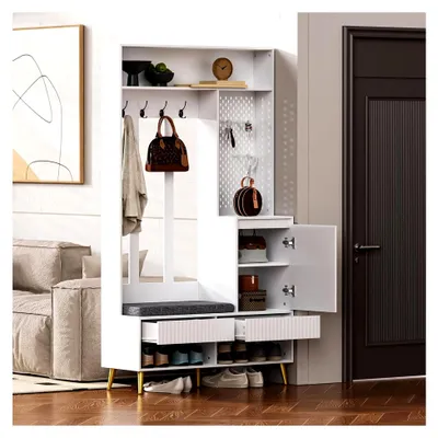 Produktbild von Garderobenset, Kompaktgarderobe mit Sitzbank und Schuhschrank | Flurgarderobe Set 6-in-1 | Garderobenschrank für den Flur mit Schubladen und Kippsicherung | Weiß, B100xH180cm