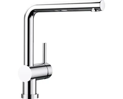A chrome kitchen faucet on a white background.