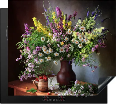 Produktbild von KitchenYeah© Herdabdeckplatte Blumen - Tisch - Stilleben - Blumenstrauß - Vase , 58x51cm, Küche Deko, Glaskeramikkochfeld Herdabdeckung, Abdeckplatte fùr Kochfeld