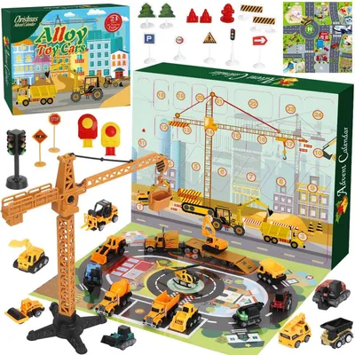 Produktbild von Adventskalender Kinder 2025 24 Tage Countdown Baufahrzeuge Metalllegierung Verkehrsszenenkarte Geschenk Jungen Mädchen