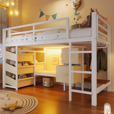 Produktbild von Metallbett 90x200 cm mit LED-Beleuchtung & Sitzkissen, Halbhohes Jugendbett mit Stoffschublade, Kleiderhaken & Stauraumtasche, Geräuschlos, Ohne Matratze, Weiß