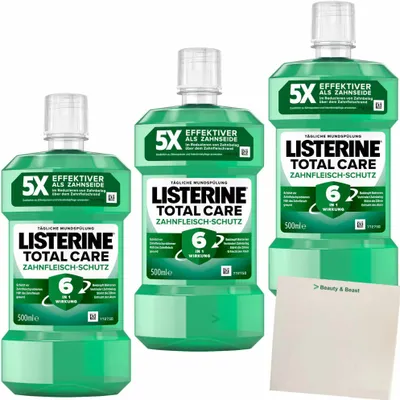 Produktbild von Listerine Mundsplung Total Care Zahnfleisch-Schutz 3er Pack (3x500ml Flasche) + usy Block