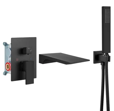 Immagine prodotto di Miscelatore da bagno con montaggio a parete, erogatore a cascata, doccetta manuale, monocomando, finitura nero opaco, per bagno