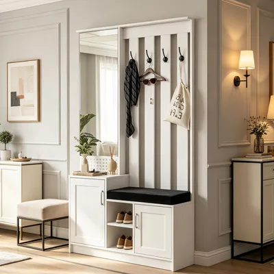 Immagine prodotto di INONEFT, Set completo per guardaroba, compatto con specchio, scaffale per scarpe, ganci per abiti, panchina, armadietto per scarpe con specchio, 6 in 1, 100x40x180 cm, bianco