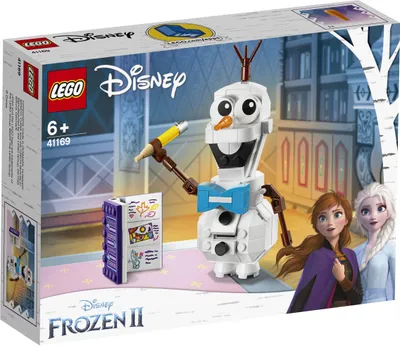 The image shows the LEGO Disney Olaf set packaging, featuring Olaf holding a crayon and standing next to a book, with Anna and Elsa in the background. The background depicts a room with bookshelves and a window.