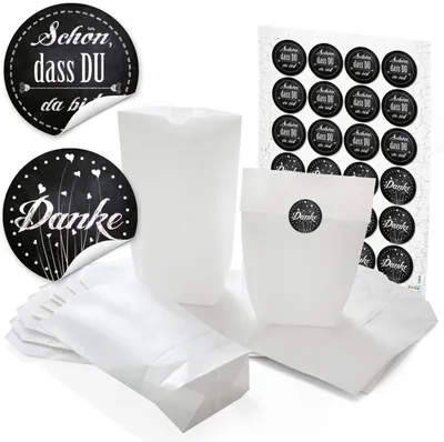 Produktbild von 24 weiße Gastgeschenk Papiertüten Papier-Beutel 16,5 x 26 x 6,6 cm + 24 runde Aufkleber 4 cm schwarz weiß - Danke + SCHÖN DASS DU DA BIST als Gastgeschenke Verpackung, give-aways"Danke" & "Schön dass du da bist" schwarz