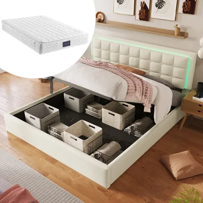 Produktbild von Sweiko hydraulisches Boxspringbett Polsterbett mit Lattenrost und LED-Licht Stauraumbett Kunstleder-Doppelbett 160*200cm Bettrahmen weiß (mit Matratze)