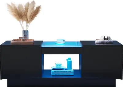 Produktbild von Merax Couchtisch mit LED und 2 Schubladen, Beistelltisch mit Glasplatte, Wohnzimmertisch inkl. APP, Couchtisch Kaffeetisch 100x50x35.5cm, Schwarz