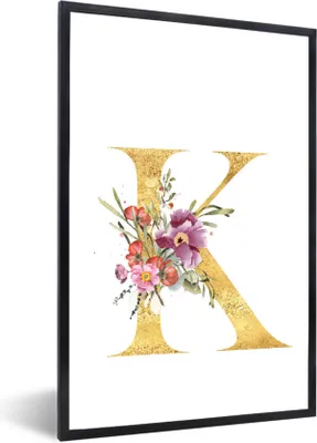 Produktbild von MuchoWow® MuchoWow® Gerahmtes Poster Blume - Buchstabe - Gold 20x30 cm - Poster mit zchwarzem Bilderrahmen - Drucken - Bilder Poster im Rahmen