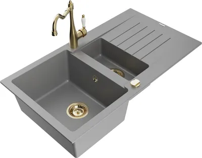 Produktbild von Mexen Matias 1,5-Becken-Granitspüle mit Abtropffläche und Mischbatterie Carla, Grau - 6502-71-670700-50