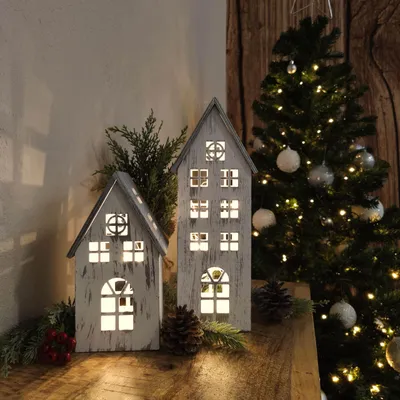 Immagine prodotto di Casette in legno con luci LED, bianco e argento, set da 2 pezzi – piccola e grande