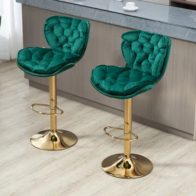Produktbild von MODFU Barhocker, Samt, Grün-Gold, 360° drehbar, höhenverstellbar, gepolstert, mit hoher Rückenlehne und Armlehnen. Modernes, ergonomisches Muschelform Design, verformungsbeständig. Robuste Konstruktion aus Massivholz, Sperrholz und Eisen. Belastbar bis 250 Pfund. Für Wohnzimmer, Esszimmer, Küche, Büro. Maße: 55x46x92-112 cm (B/T/H), Sitzhöhe: 62-82 cm, Sitzbreite: 46 cm, Sitztiefe: 39 cm.