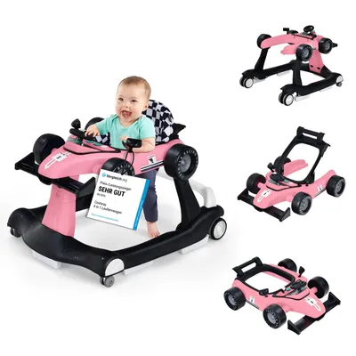 Produktbild von COSTWAY 4 in 1 Lauflernwagen mit einstellbarer Höhe & Geschwindigkeit, Lauflernhilfe Autoförmig mit Anti-Rutsch-Pads & Rädern, Baby Walker klappbar mit Musikbox & Licht für 6-18 Monaten Baby (Pink)