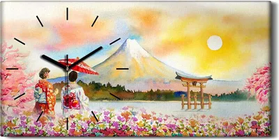 Produktbild von Dekor Leinwand Uhr Wandbilder Geräuschlos 60x30 Malerei Japan Berg Blumen Natur - schwarze Hände