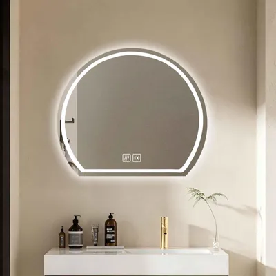 Image de Miroir de salle de bain LED éclairé, avec variateur d'intensité, miroir mural anti-buée, interrupteur tactile, lumière tricolore, fonction mémoire, couleur argent, dimensions 50x43 cm