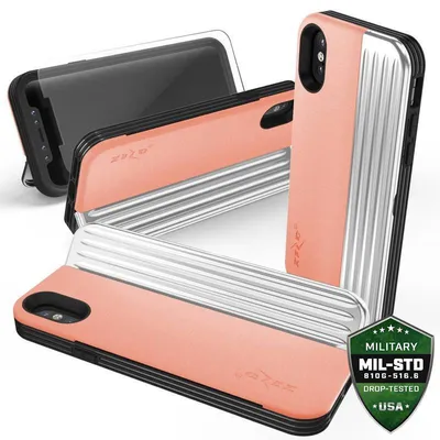 Obrázek produktu pro Zizo Retro Series - pouzdro pro iPhone Xs / X s přihrádkami na karty + stojánek + 9H sklo na displej (broskvová/stříbrná)