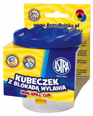 The image shows the packaging of an Astra non-spill cup, with the product itself visible.