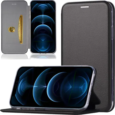 A black flip case for an iPhone 13 Pro is shown from multiple angles, including open and closed views, with the phone inside.