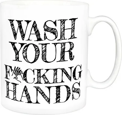 Produktbild von Abwehrbecher Tasse mit lustigem Spruch 'Wasch dir deine verdammten Hände', Weiß, 330 ml